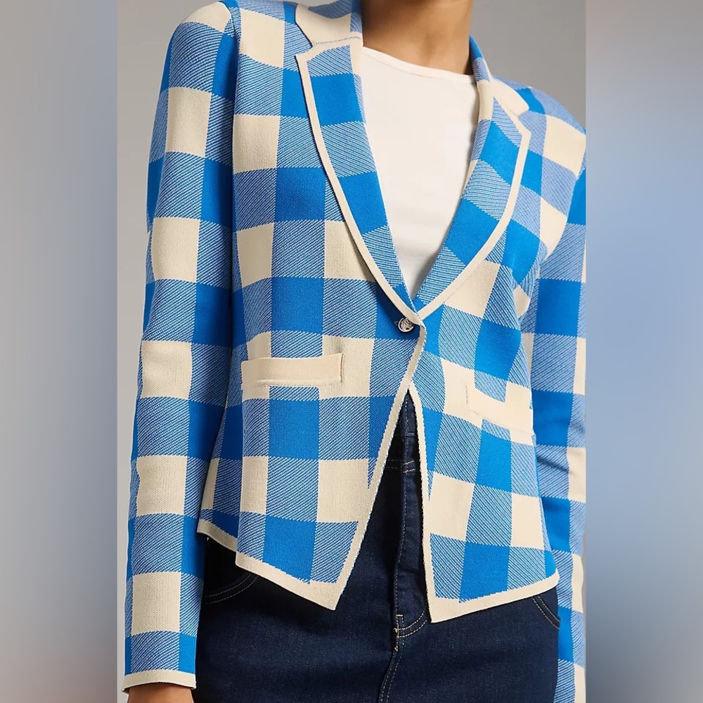 Anthropologie NWT Plaid Sweater Blazer Blue Cream | Size M